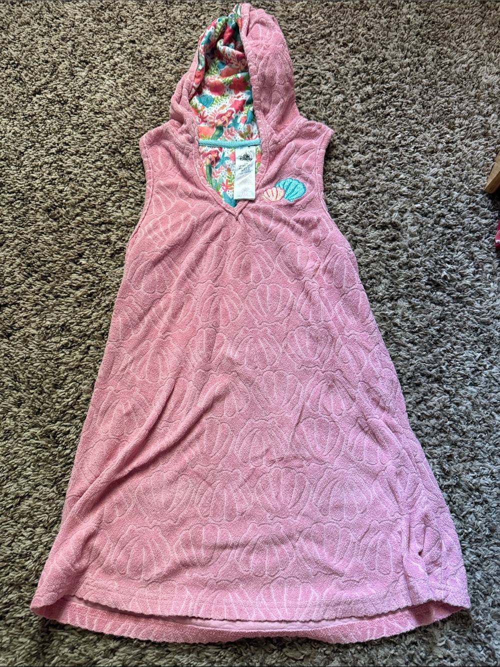 Disney Girls Pink Hooded Swim Coverup with Shell Print Hood Lining